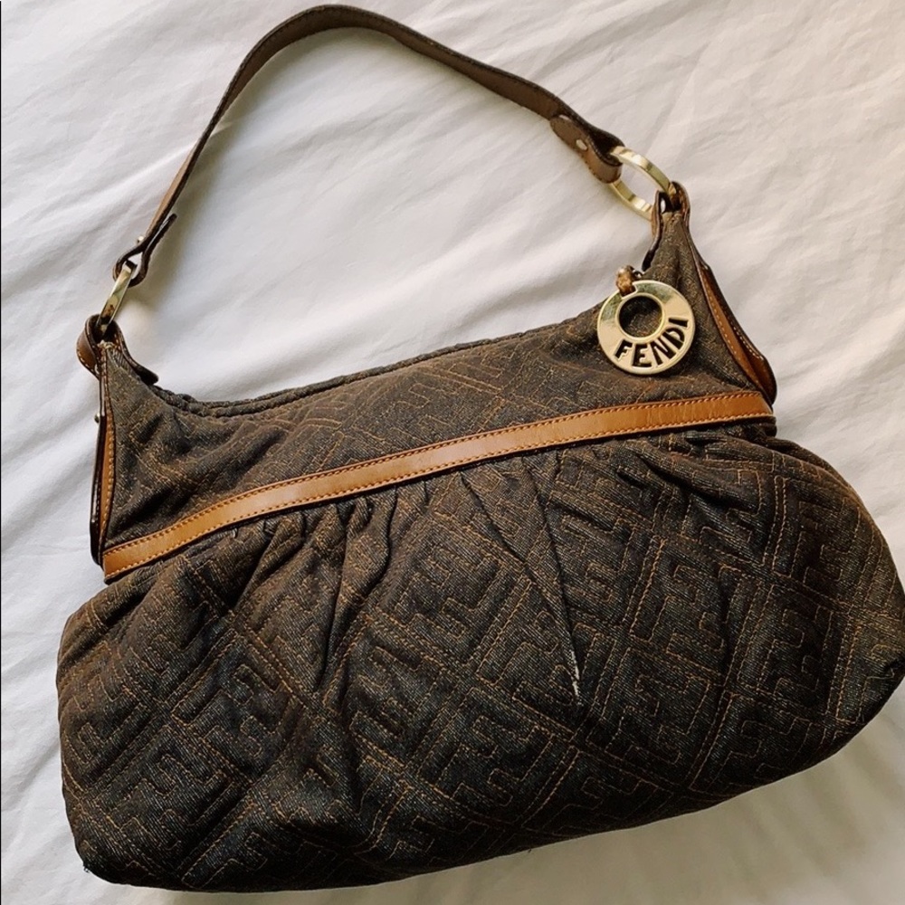 Fendi Brown Quilted Fabric Shoulder Bag with Tan Trim